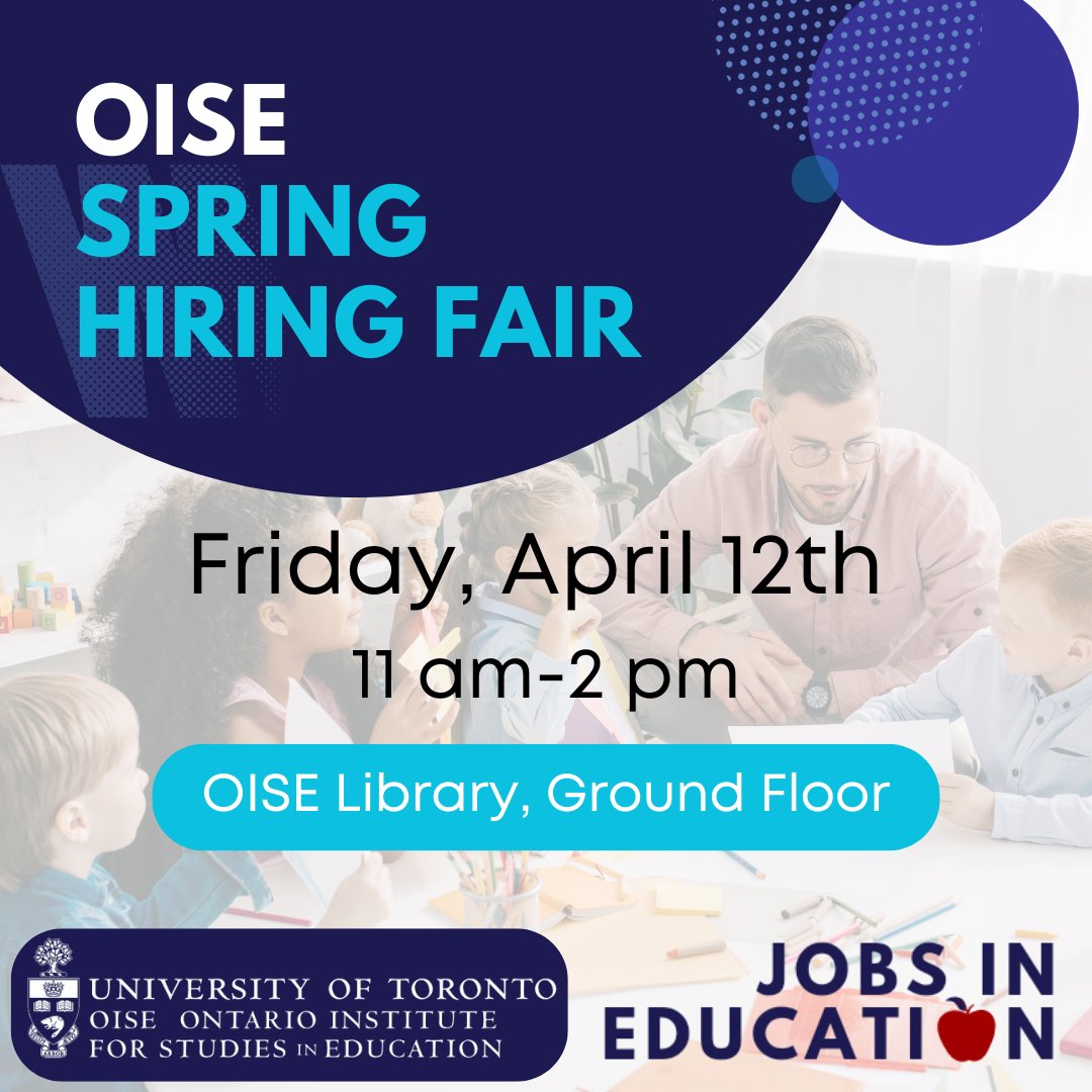 We are super excited to head to the UofT Ontario Institute for Studies in Education on Friday, April 12th for the Spring Hiring Fair. 🎓 Looking forward to meeting teacher candidates to discuss career opportunities. Your career in education awaits! 🍎 @OISEUofT @CTLSA_OISE
