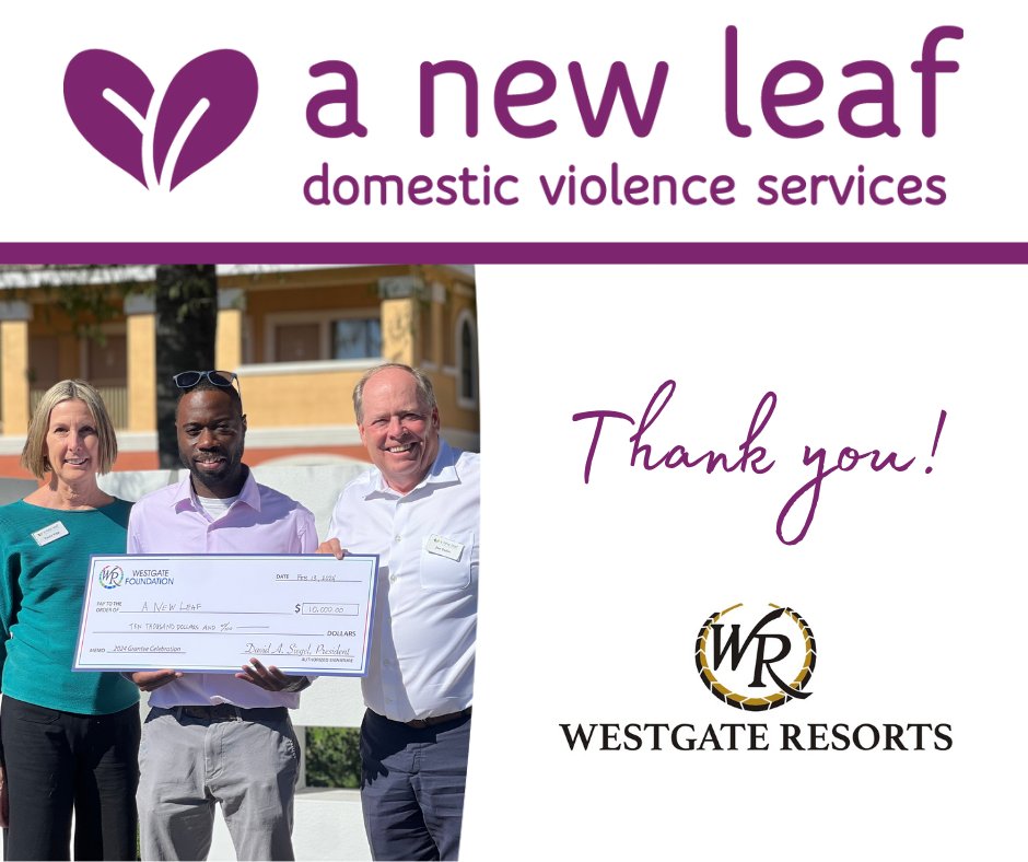 Thank you, Westgate Foundation, for your direct investment in our community to help create the magic of stability for adults and children in crisis through A New Leaf’s four Domestic Violence Shelter Programs! #westgatecares