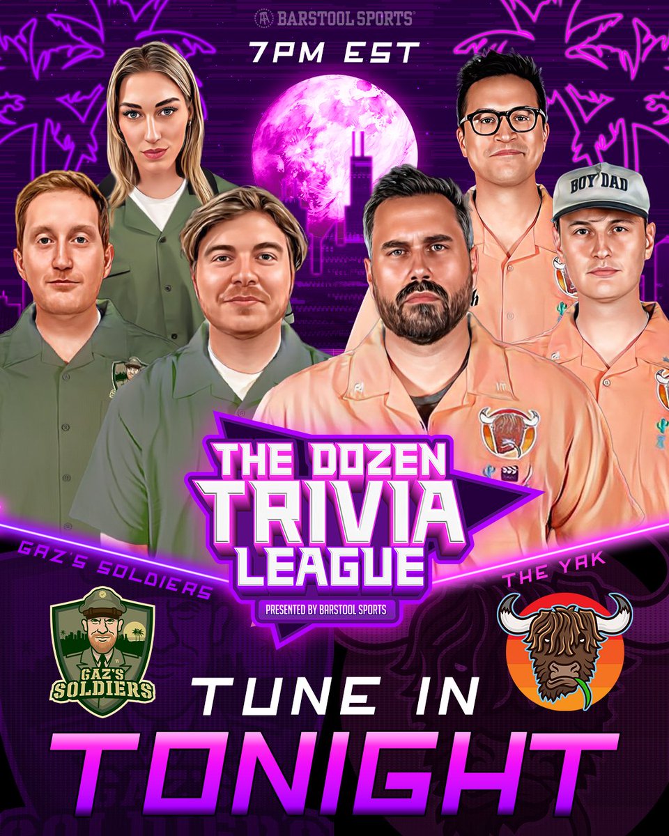 🚨 ONE HOUR AWAY 🚨 It’s a true David vs Goliath as GAZ’S SOLDIERS (@JackMacCFB @ConnorMook_ @carolinebano) take on the powerhouse YAK (@BarstoolBigCat @rone @StevenCheah) at 7|6c… Predictions? 📺: barstool.link/the-dozen-triv…
