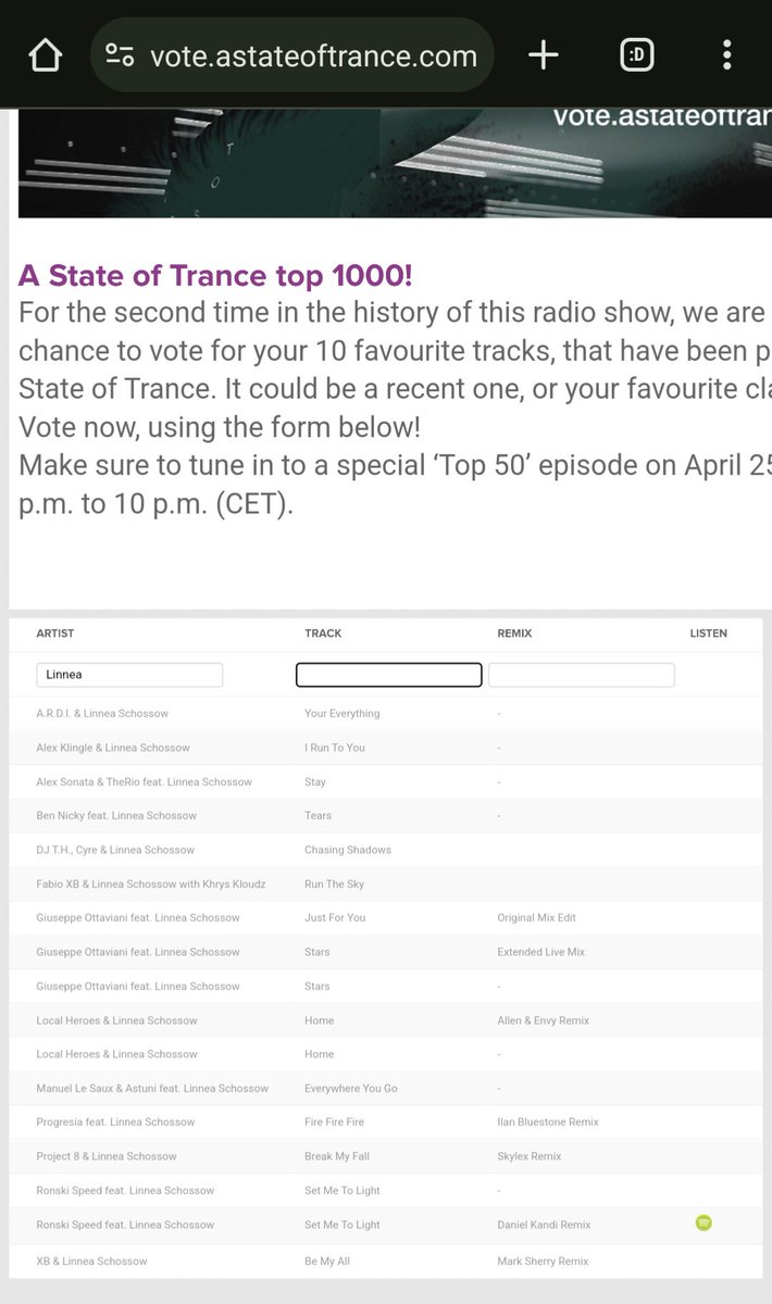 Hey 👋♥️ You can now go and vote for your favorite top 1000 songs on ASOT and a bunch of my music is in the list. Go in and search for 'Linnea' and you will see the list of songs from me. If you like what I have created then give it a vote ❤️ @asotlive vote.astateoftrance.com