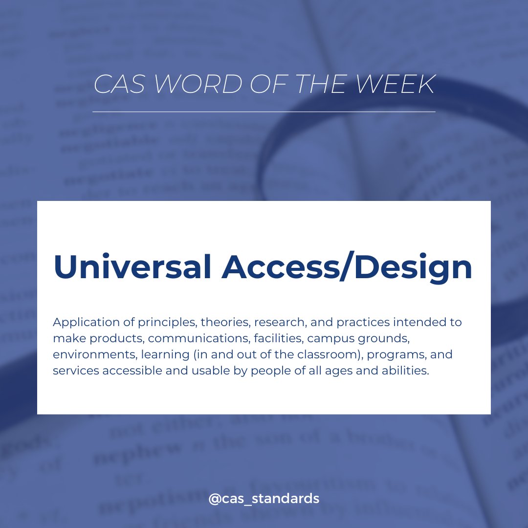 Highlighting terms from the CAS glossary: Universal Access/Design. Learn more at ow.ly/jOWl50RaNcm

#highereducation #studentaffairs #studentlife #universalaccessdesign #accessibility #highered