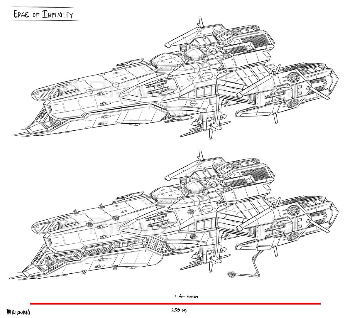 Space ship Edge of Infinity, commissioned by @CyberstackWerks 
Bottom version shows the split bow revealing a secret weapon, also retractable point defense & deployable arm(s) :D
#mecha #illust #イラスト #scifi