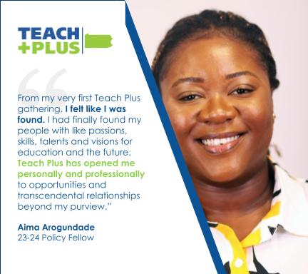 Current Policy Fellow Aima Arogundade comments on why participating in the Teach Plus PA Policy Fellowship is impactful. 

Learn more and apply: teachplus.org/regional_progr…

#TeachPlusPA #PolicyFellowship #EducationPolicy #TeacherLeaders #PAEducators