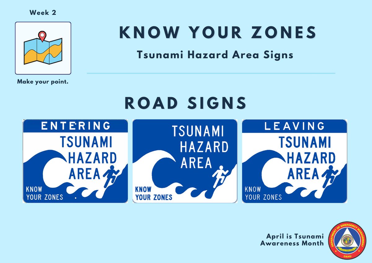 Have you seen the different Tsunami Hazard Area signs that have popped up around O'ahu? The signs in this graphic were installed at extreme tsunami zone (XTEZ) entrances and exits and along major roadways around O'ahu. Learn more about tsunamis at honolulu.gov/dem/tsunami.