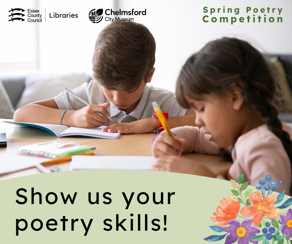 Have you joined in with our poetry competition yet? 🧐 Kids and teens of all ages can take part and be in with a chance of winning some great prizes from @ChelmsMuseum ! 🥳 Find out more and how to enter: libraries.essex.gov.uk/news/spring-po…