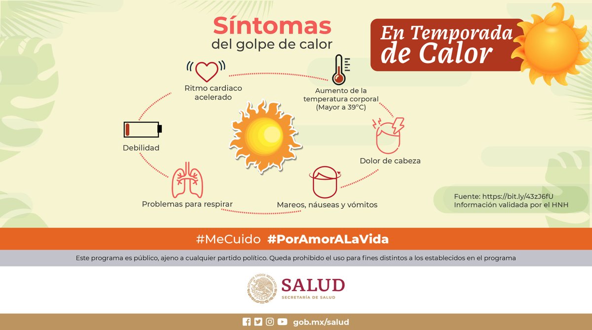 #EnTemporadaDeCalor ☀️ 🔥

¡Cuidado con los golpes de calor! ☀️
Identifica los síntomas y en caso de ser necesario busca atención médica.

Conoce más en  ➡️ bit.ly/3p0tWBQ

#MeCuido #PorAmorALaVida
