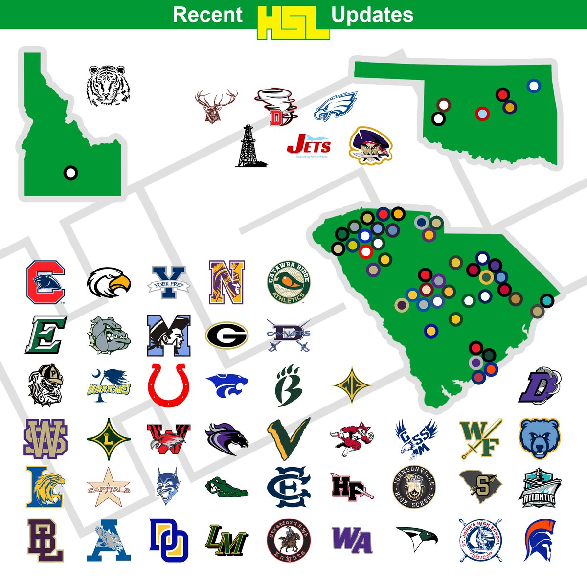 Beaches, plains, and mountains are all covered in today's 50+ additions to HSLogos.
-Idaho x1 @IDHSAA 
-Oklahoma x6 @OSSAAOnline 
-South Carolina (new!) x44 @SCHSL 

Which one catches your eye the most?