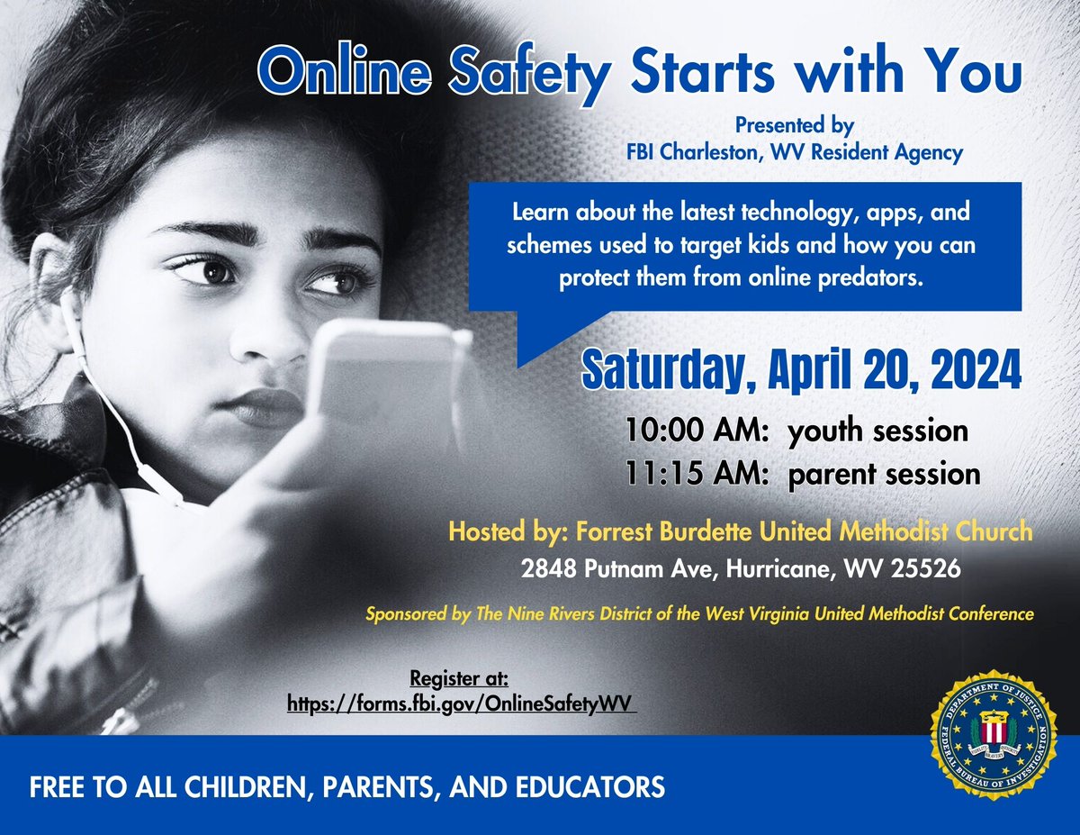 Worried about your child's safety online? Join #FBI Charleston, WV RA for 'Online Safety Starts with You' on 4/20 at 10 AM. FREE for children, parents and educators. Register at: forms.fbi.gov/OnlineSafetyWV . #onlinesafety #wv