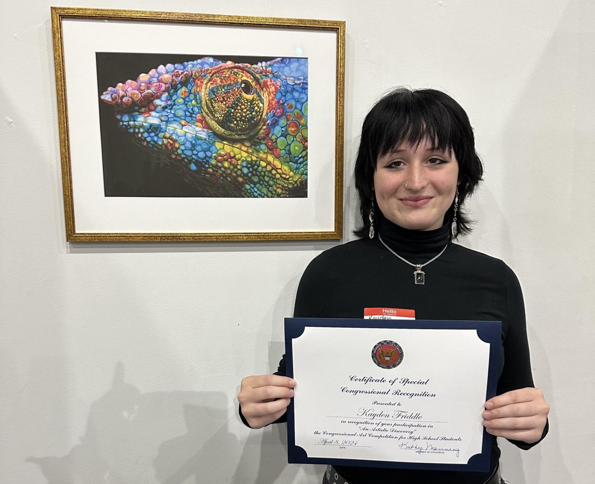 #GCSCelebrates | Congratulations to our students from across the district who were recognized at Congresswoman Kathy Manning's Sixth District Congressional Art Competition. Kayden Friddle from Weaver Academy earned first place with their piece, 'Spectrum.'