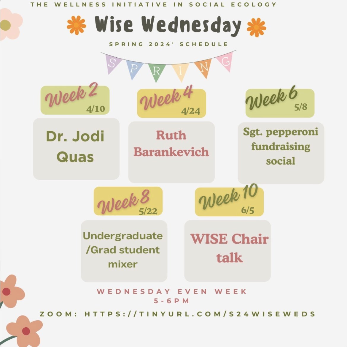 The Wellness Initiative in @Social_Ecology at @UCIrvine presents virtual WISE Wednesday events on even-week Wednesdays. Today's speaker from 5-6 p.m. is @JodiQuas, professor of psychological science. tinyurl.com/s24wiseweds