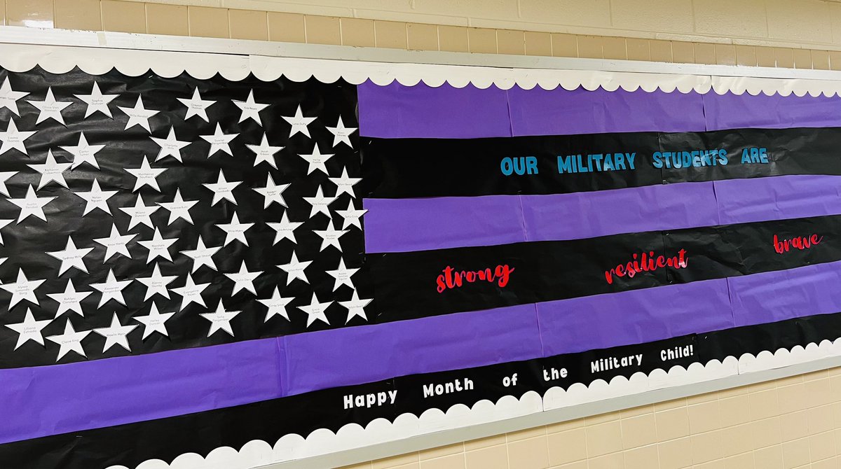 Happy #MonthOfTheMilitaryChild 💜 our military students are strong, resilient, & brave! We are proud to recognize the names of all our military children on the stars of this bulletin board.