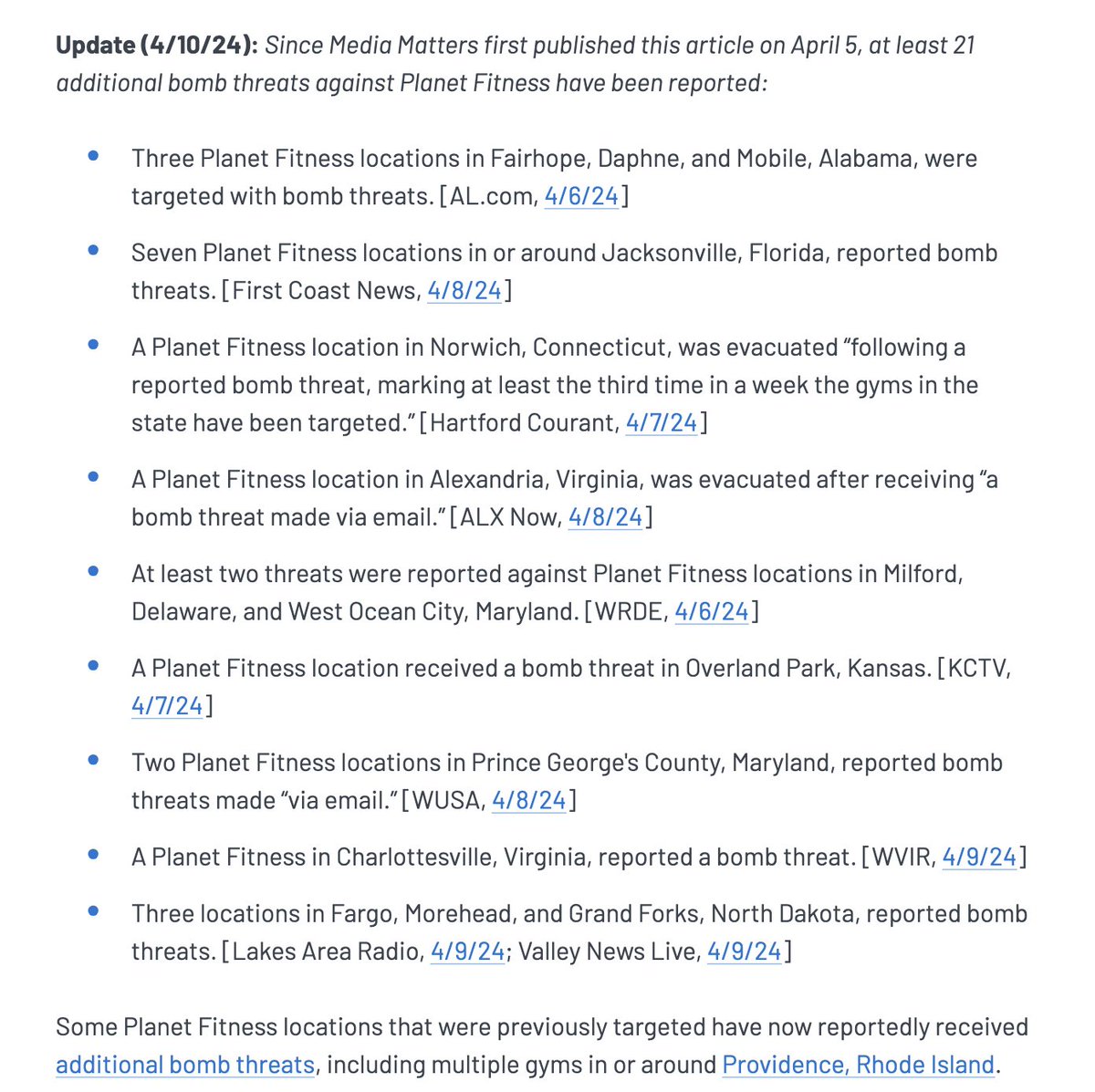 UPDATE: at least 38 Planet Fitness locations have reported bomb threats since Libs of TikTok began a campaign targeting the chain for canceling the membership of a woman who photographed another customer using the locker room - 21 additional instances since April 5.