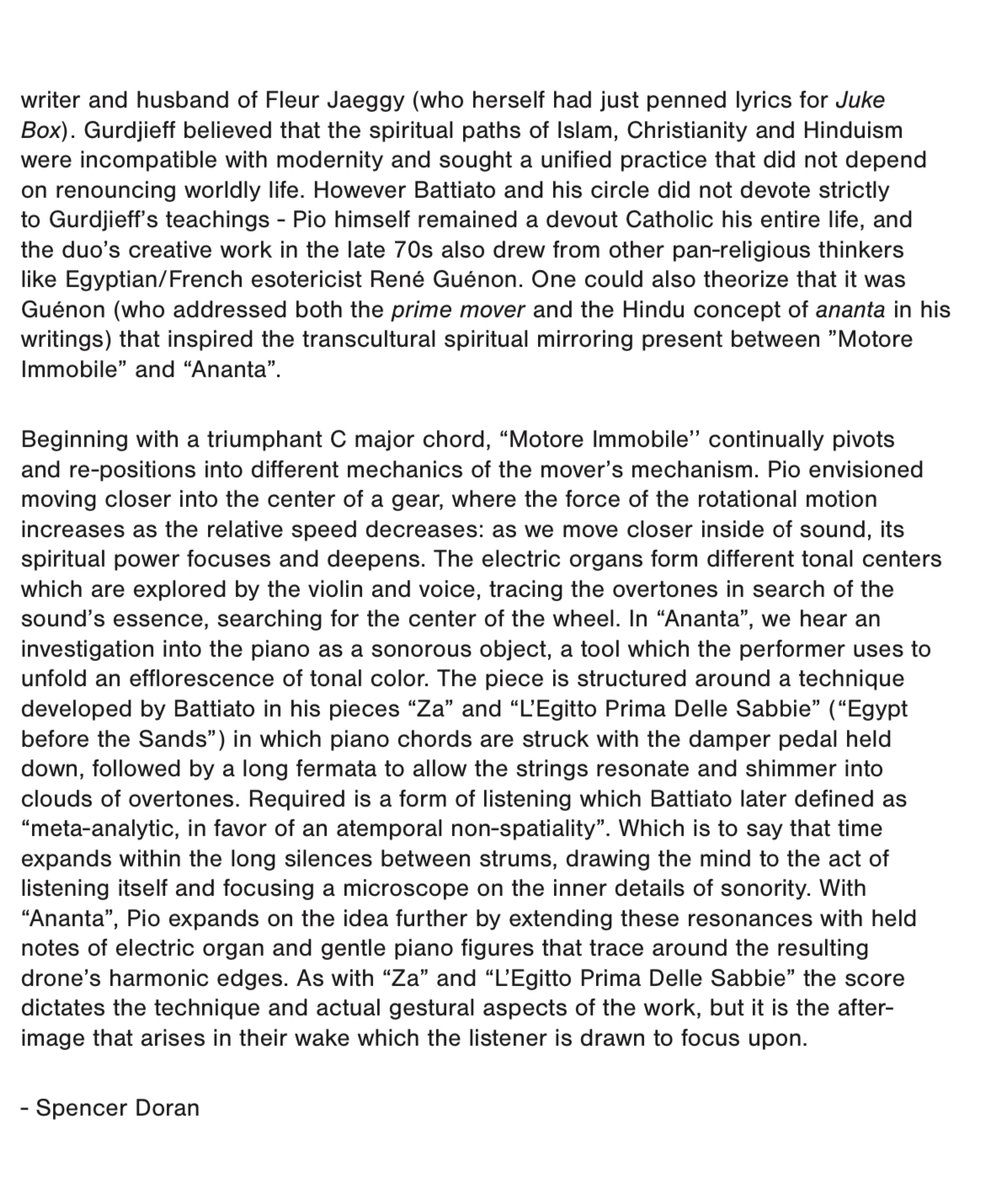 wrote some words on Giusto Pio's masterpiece 'Motore Immobile' for the program notes of Gryphon Rue's performance this evening at @Roulette_NYC, touching on Roberto Calasso, René Guénon and the piano as a sonorous object. info here: roulette.org/event/gryphon-…