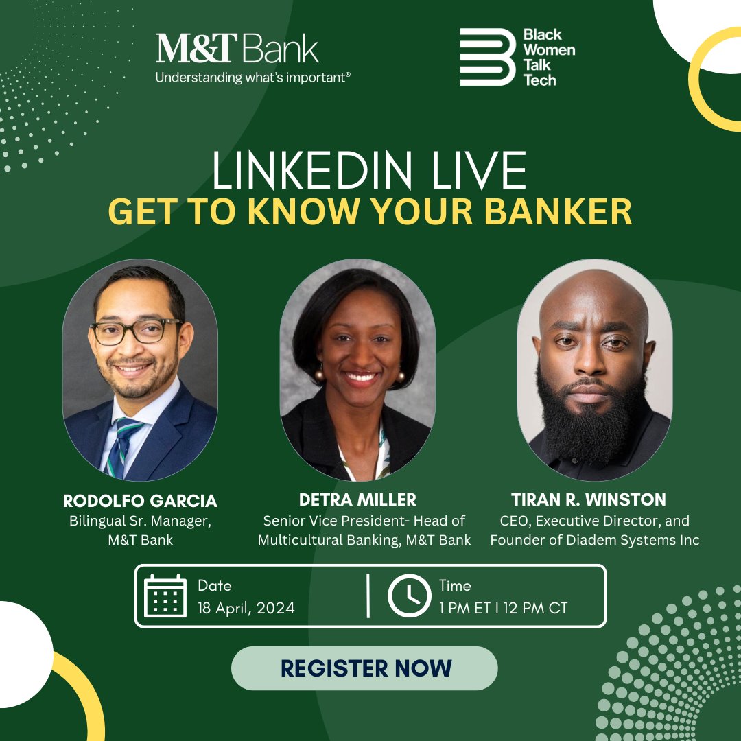 Join us for 'Get To Know Your Banker' - an empowering LinkedIn Live event with Black Women Talk Tech and M&T Bank! Discover insights for Black women entrepreneurs on April 18, 1-2 PM ET. Register now: hubs.ly/Q02spYrk0 #FinancialEmpowerment #BlackWomenEntrepreneurs