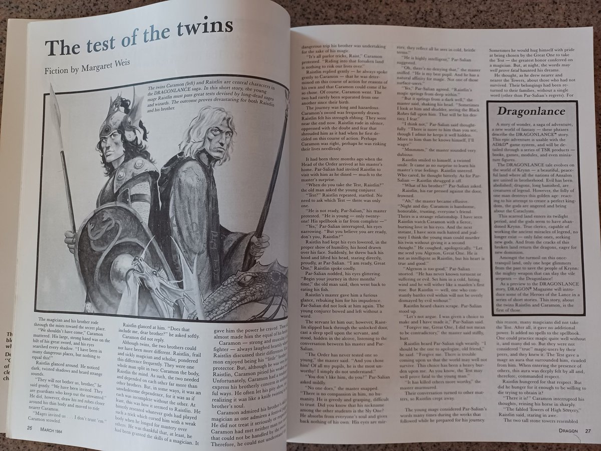 I just read 'The test of the twins' by Margaret Weis from Dragon #88 (1984.) This is such an awesome and powerful intro to Dragonlance, which I still consider to be the greatest D&D setting ever created (pre-5E version obviously.)
#Dragonlance #DnD