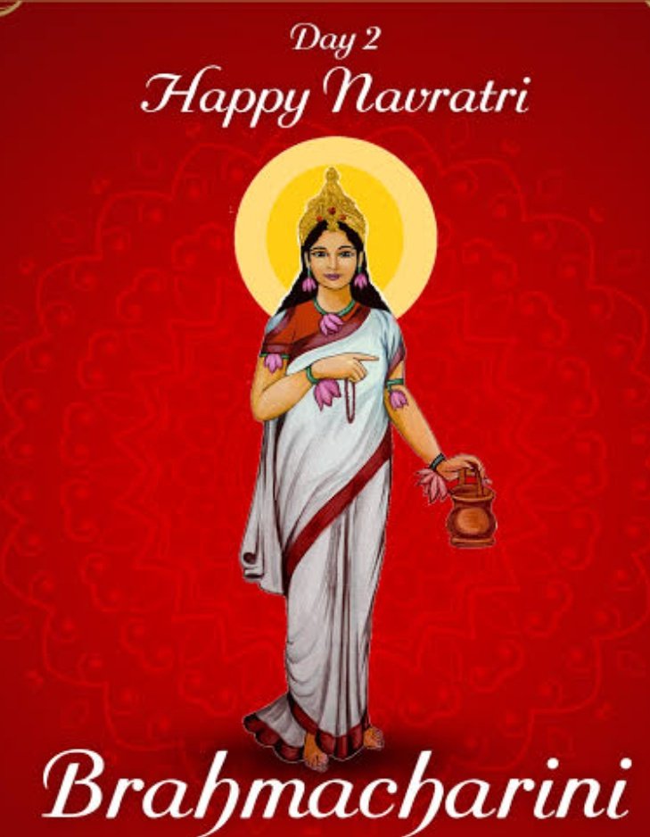'Happy Maa Brahmacharini Day! 🙏 Embrace her serene energy and embark on a journey of self-discovery this Navaratri. 
#Navaratri #MaaBrahmacharini #Day2ofnavratri #HappyNavratri