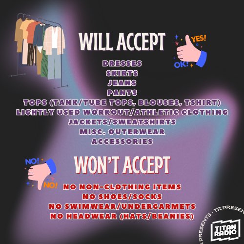 hey everyone!! we have our semesterly thrift coming up! it’s on april 22nd 11am-1pm, we are accepting donations until april 19th! drop ur items off at the station🫶