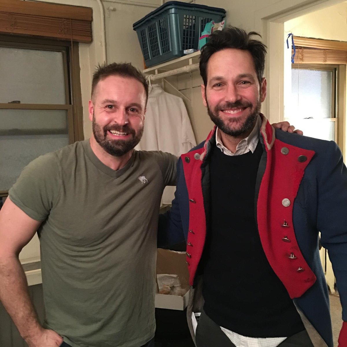 As I’m getting even closer to going back into @lesmisofficial I thought I’d take another trip down memory lane… This photo is from the time the wonderful Paul Rudd came to watch the show on Broadway. He came backstage after the show to meet the cast & wanted to try on my jacket!