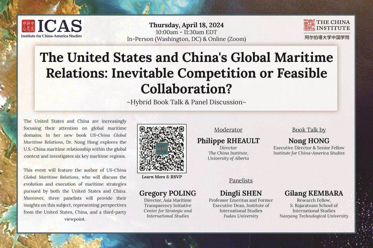 Institute for China-America Studies (@icasdc) on Twitter photo Join #ICASMAP & <a href="/UAlbertaChina/">The China Institute</a> April 18 for the hybrid book talk & discussion on the US & China's global maritime relations with Philippe Rheault (<a href="/UAlbertaChina/">The China Institute</a>), <a href="/NongHong_ICAS/">Nong Hong ICAS</a>, <a href="/GregPoling/">Greg Poling</a> (<a href="/AsiaMTI/">AMTI</a>), Dingli Shen (<a href="/FudanUni/">Fudan University</a>) & <a href="/barakembara/">Gilang Kembara</a> (<a href="/RSIS_NTU/">RSIS</a>).
chinaus-icas.org/event/the-unit… Join #ICASMAP & <a href="/UAlbertaChina/">The China Institute</a> April 18 for the hybrid book talk & discussion on the US & China's global maritime relations with Philippe Rheault (<a href="/UAlbertaChina/">The China Institute</a>), <a href="/NongHong_ICAS/">Nong Hong ICAS</a>, <a href="/GregPoling/">Greg Poling</a> (<a href="/AsiaMTI/">AMTI</a>), Dingli Shen (<a href="/FudanUni/">Fudan University</a>) & <a href="/barakembara/">Gilang Kembara</a> (<a href="/RSIS_NTU/">RSIS</a>).
chinaus-icas.org/event/the-unit…