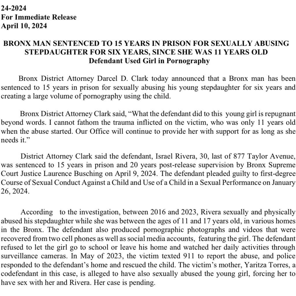 A Bronx man has been sentenced to 15 years in prison for sexually abusing his young stepdaughter for six years and creating a large volume of pornography using the child.