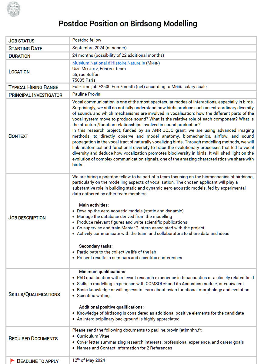 📢#JobAlert! 🎶🐤 #postdoc position to work on #birdsong at @Le_Museum in Paris. If you like #bioacoustics, #birds and #modelling, please apply! Deadline on May 12th 2024🚩 More info here: sites.google.com/site/paulinepr…