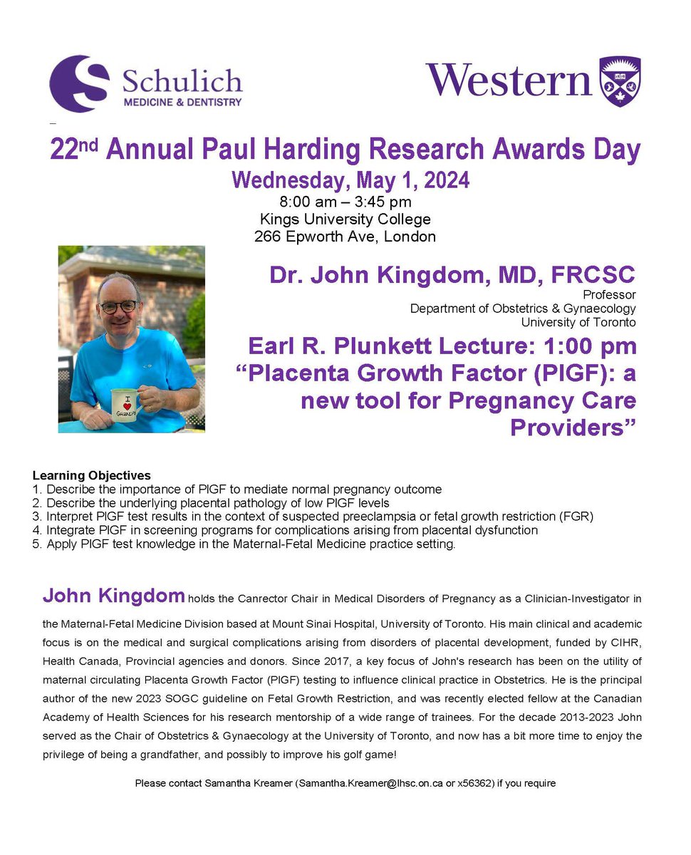 Looking forward to @placentaMD’s Earl R. Plunkett’s lecture at the 22nd Annual Paul Harding Research Awards Day! @westernuPRG @westernuREI