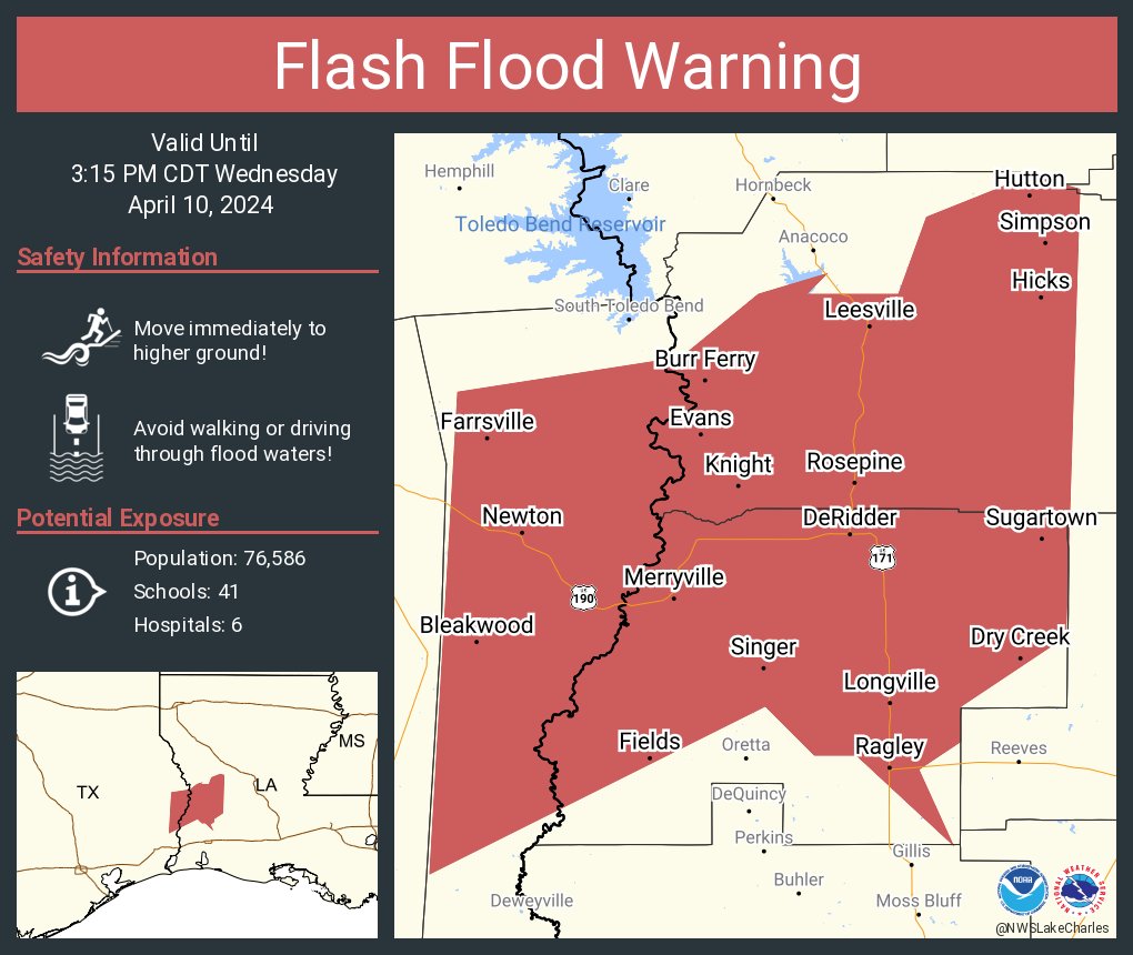 Flash Flood Warning continues for DeRidder LA, Leesville LA and New Llano LA until 3:15 PM CDT