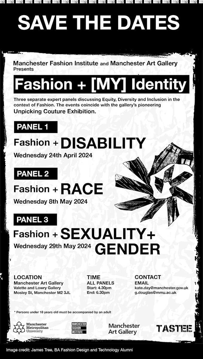 The first of 3 panel discussions @mcrartgallery discussing fashion and identity takes place tomorrow 4:30-6:30pm Looks set to be an interesting peer into intersections of the industry and those living with disability. FREE TICKETS: tinyurl.com/y6hknd4y