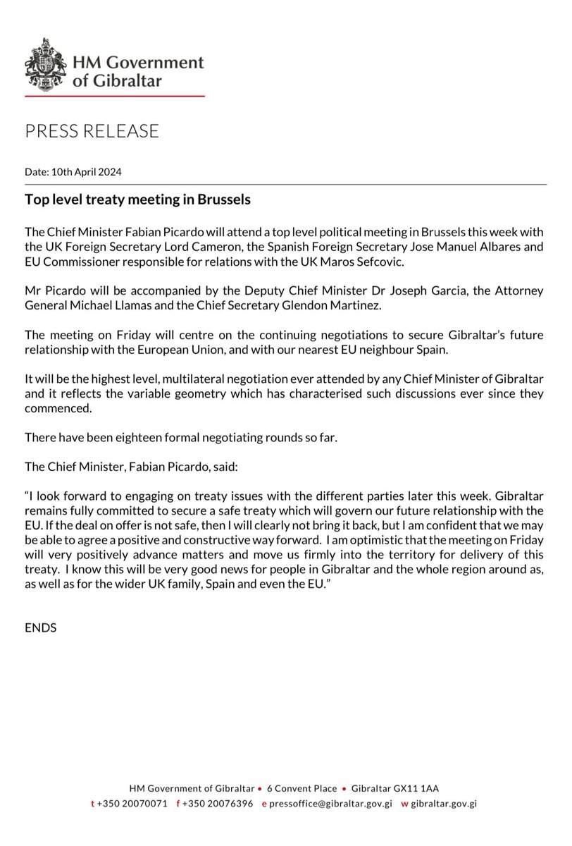 I will be travelling to Brussels on Friday to meet with @David_Cameron, @jmalbares and @MarosSefcovic, to continue the talks to secure the treaty between the UK & EU on our border with the EU to deliver a solution for all Gibraltar residents and the 15,000 who cross it every day.