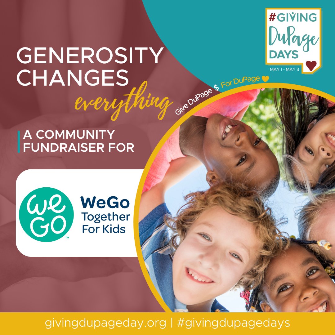 Elated to have WeGo Together for Kids joining #GivingDuPageDays, May 1 – 3! WeGo Together for Kids works to better the lives of children through academic achievement, mental/physical health, community engagement, and more. bit.ly/4cMmZYQ