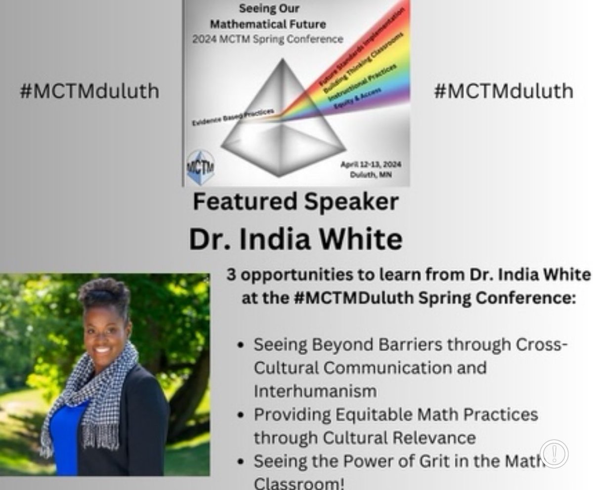 Hey Minnesota teachers and leaders! 🤩Exciting news! Join me at the MCTMDuluth Conference this weekend where I’ll be presenting on equitable practices and cultivating grit🥰! Let’s do this😎! #MCTMDuluth #drindiawhite #grit #equity #math #teachers #leaders #mctm #mctmduluth