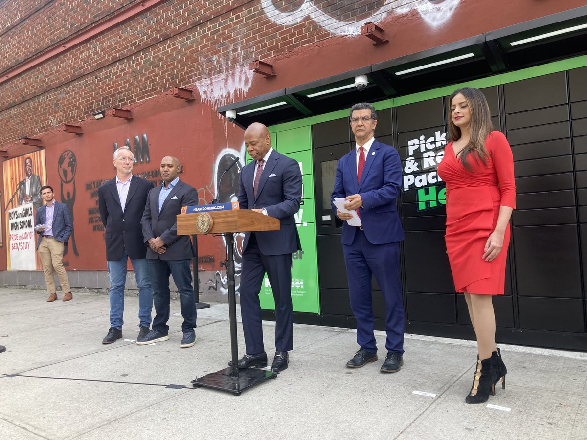 Mayor Adams is in Bedstuy to announce LockerNYC, a program allowing New Yorkers to get packages delivered to secure lockers that will be opened outside shops and other spaces.

A protester is on the other side of the street shouting 'Free Palestine' at the mayor.