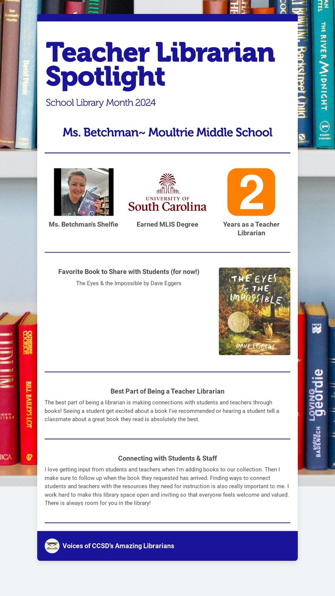 Teacher Librarian Spotlight: Ms. Betchman at Moultrie Middle! We know she is wonderful! smore.com/n/hzrps #AASLslm #CCSDLibrariesForALL @ccsdconnects @scalsnet @aasl