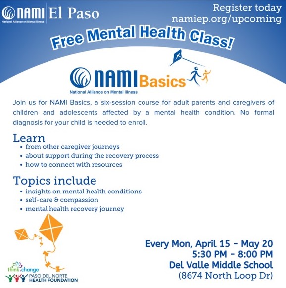 Starting next Monday, @NAMIElPaso will be hosting FREE mental health classes. Prioritizing mental health and understanding how to care for others who are affected by it is crucial. Sessions run every Monday from April 15th to May 20th. Register at namiep.org/upcoming or…