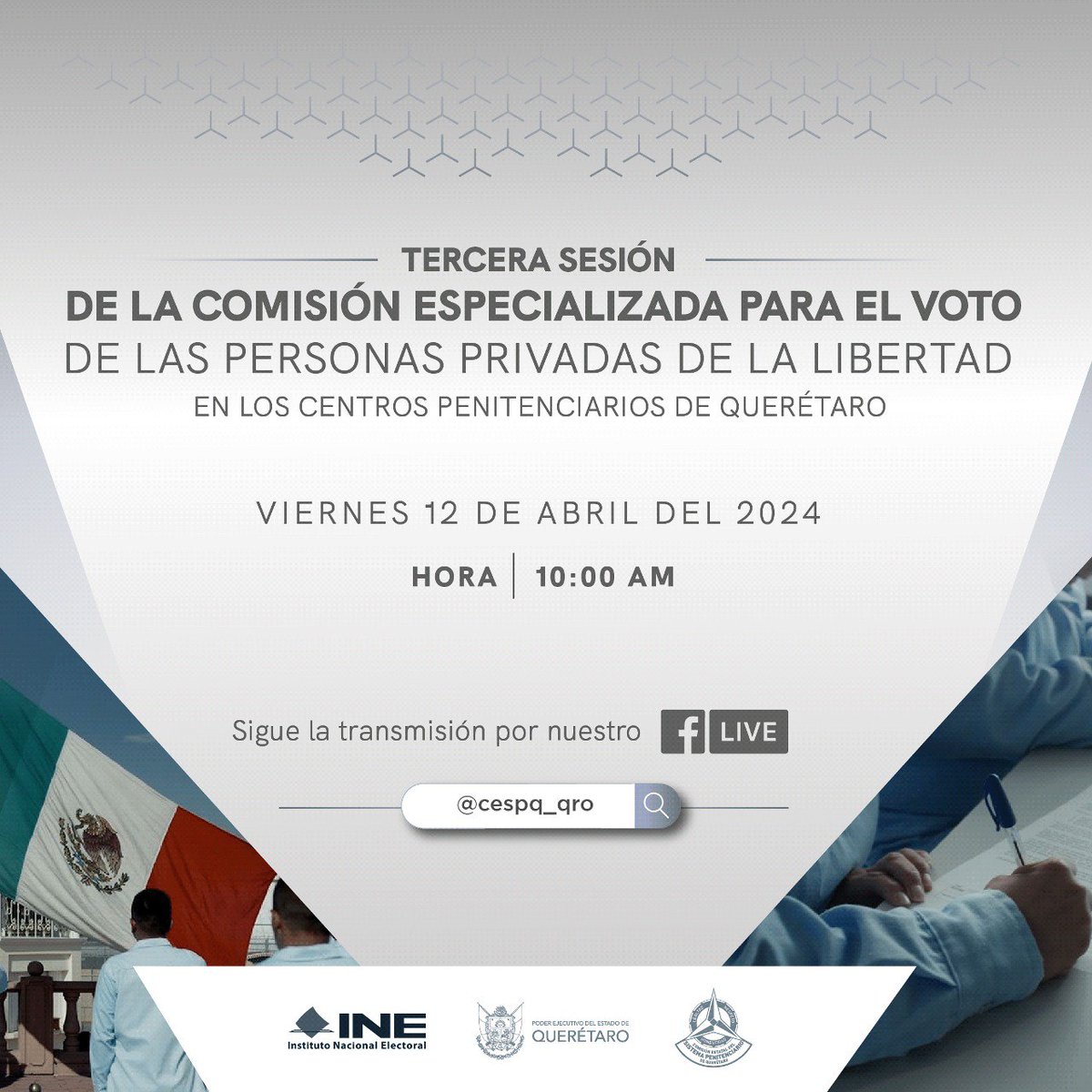 🔊🔴 Este viernes 12 de abril de 2024 a las 10:00 am, transmitiremos EN VIVO la Tercera Sesión de la Comisión Especializada para el Voto de las Personas Privadas de la Libertad en los Centros Penitenciarios de Querétaro 🗳️, ¡no te lo pierdas! #VotoPPP #VotoEnPrisiónPreventiva