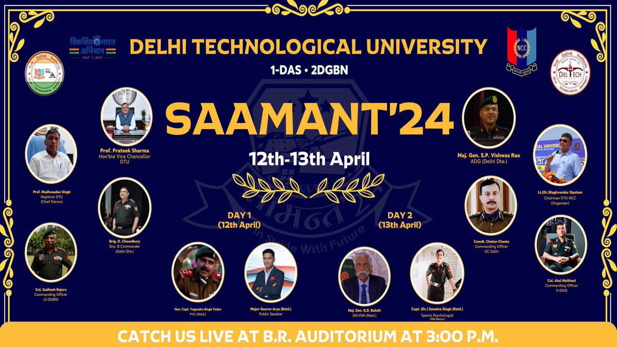 DTU NCC Organising second edition of NCC Fest- SAAMANT'24 on the 12th & 13th of April 2024. Get ready to witness the incredible talent and spirit of our cadets as they showcase their skills and dedication to serving the nation.