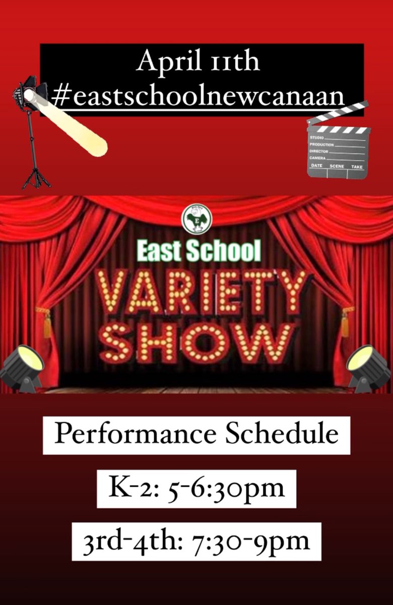 Calling all #Easties! The East School Variety Show is tonight! 
April 11th Performance schedule: 
K-2: 5:30-6:30pm
Grade 3-4: 7:30-9pm