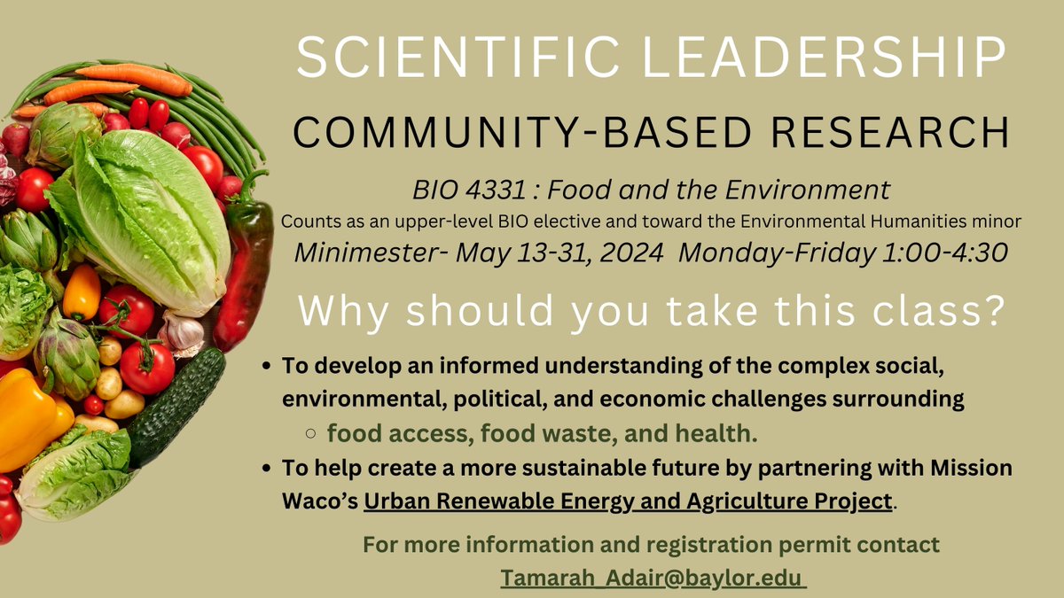 Dr. Adair is offering a May-mester BIO 4331 course this semester! This course counts as an upper-level BIO elective and towards the Environmental Humanities minor! AP