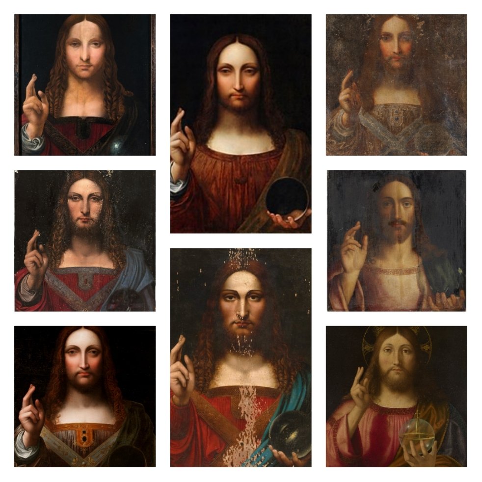 It's strange all of the School of Leonardo da Vinci's reproductions of Salvator Mundi and other reproductions were red and none blue. Are art scholars positive the original was blue? I'm painting a reproduction and I wonder. All pics public domain. #LeonardoDaVinci #ArtHistory