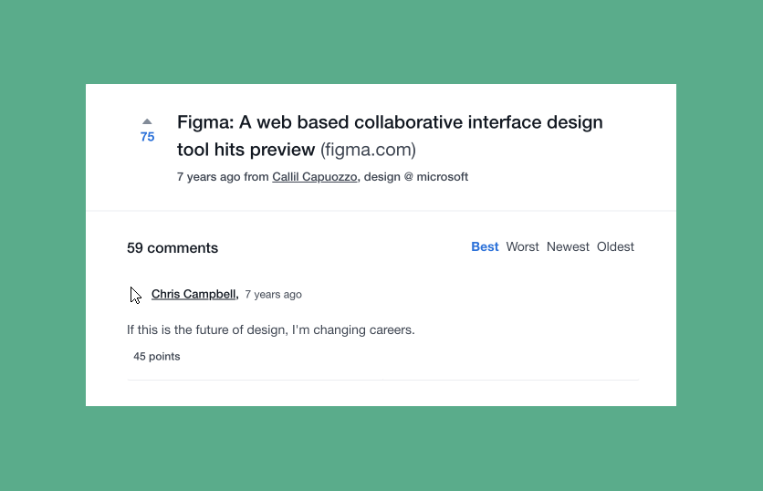 What's Chris up to today?

Early <a href="/figma/">Figma</a> unveil posted on designer news in 2017. <a href="/zoink/">Dylan Field</a> engaged in the comments.

Collab in a design tool was rejected. Someone quipped: "a camel is a horse designed by a committee"