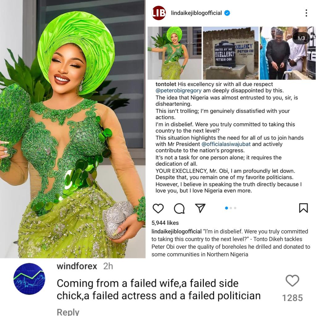 You're a failed wife, a failed side chick, a failed actress and a failed politician.... Naija man knocks Tonto Dike's dignity into the abyss of failure after she tackled Peter Obi over well. 😢😢😔😔 #BigSis9ja