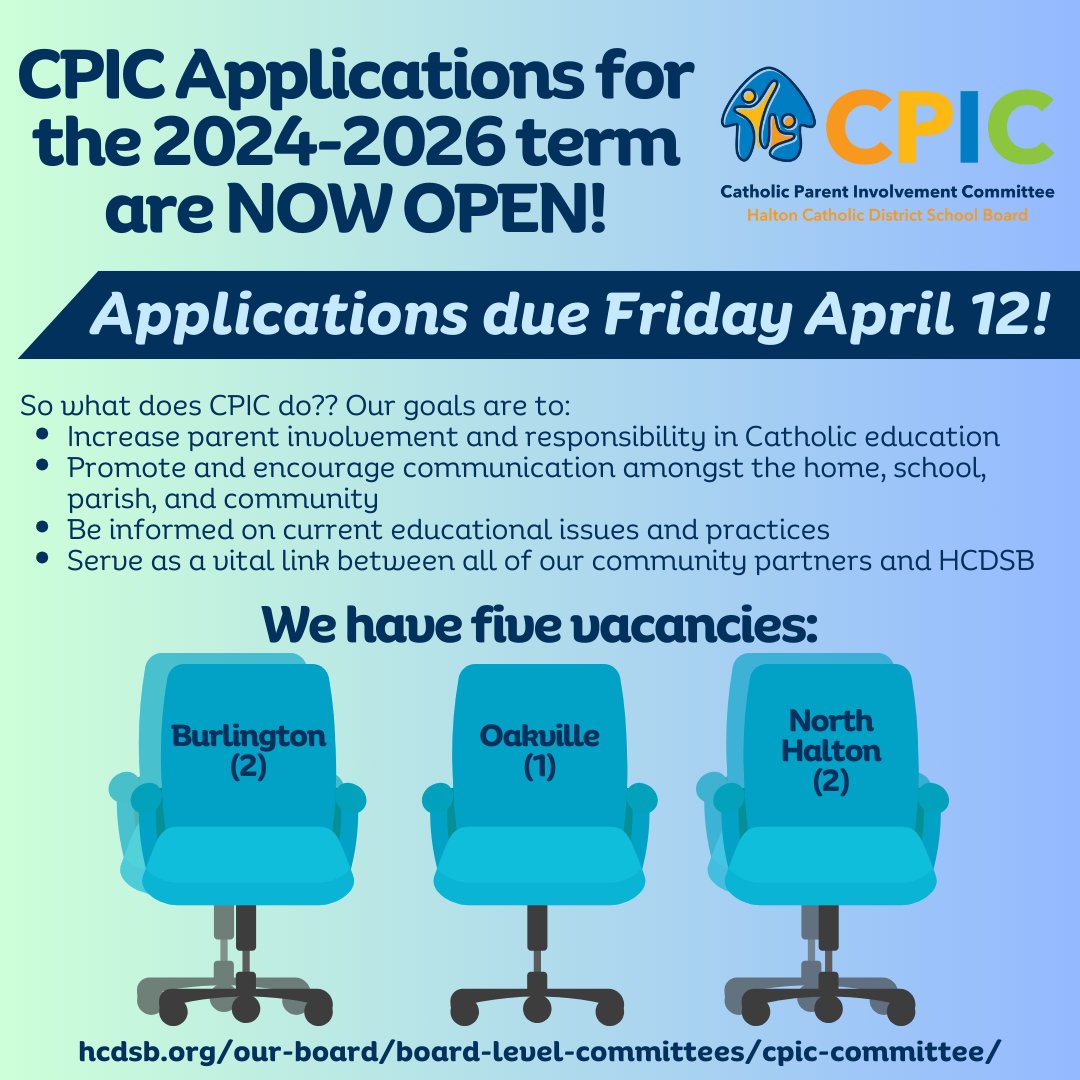 Halton CPIC (@haltoncpic) on Twitter photo Want to get involved with <a href="/HCDSB/">Halton Catholic DSB</a> and CPIC?
Applications are being accepted for the 2024-2026 CPIC term!
The deadline to apply is Friday, April 12. Mandatory infosession on Monday 15th. Check your email for info.
Be a part of the connection between school, home, and parish. Want to get involved with <a href="/HCDSB/">Halton Catholic DSB</a> and CPIC?
Applications are being accepted for the 2024-2026 CPIC term!
The deadline to apply is Friday, April 12. Mandatory infosession on Monday 15th. Check your email for info.
Be a part of the connection between school, home, and parish.