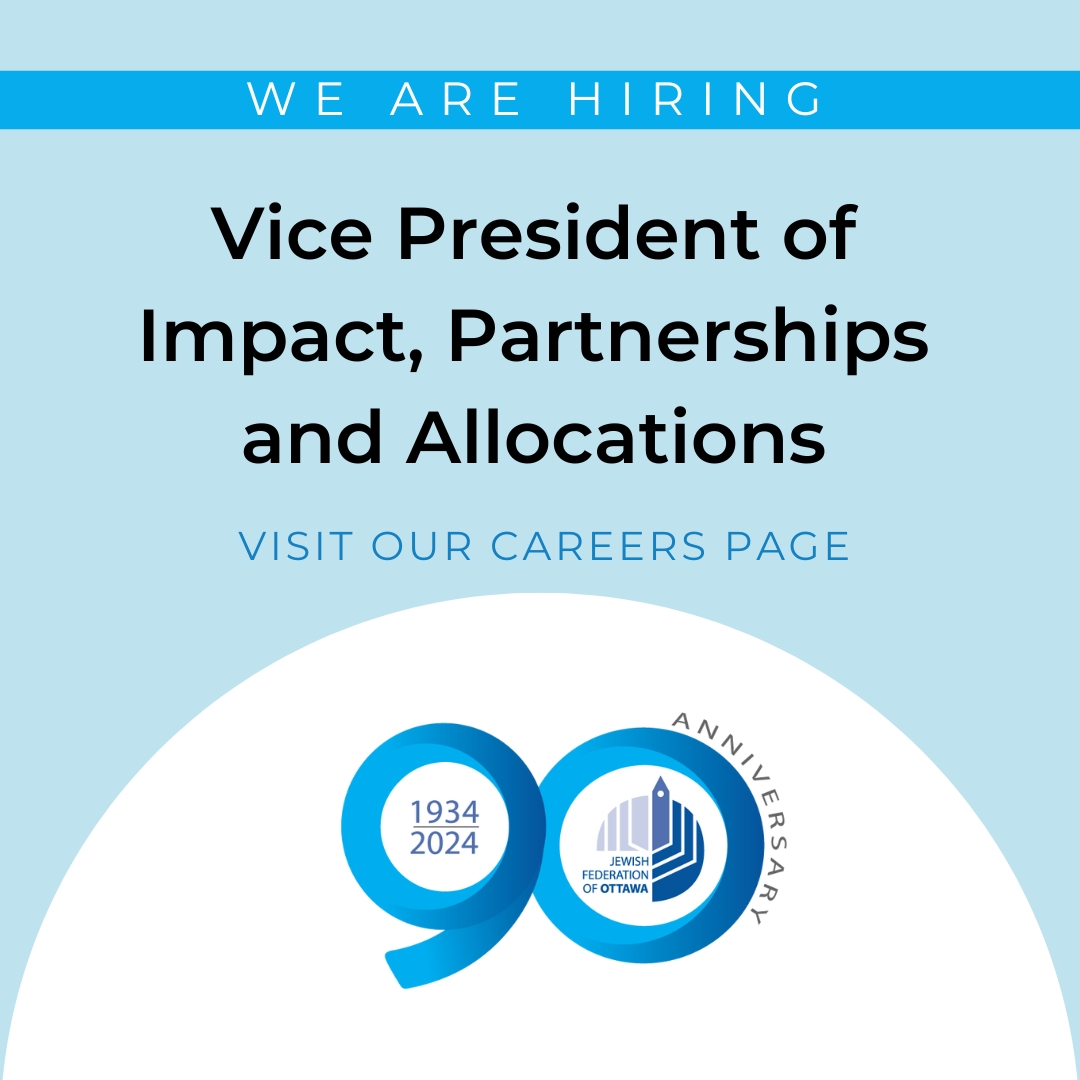 Join the fantastic Team at Federation! Now hiring a VP of Impact, Partnerships, and Allocations. To apply, please send a resume and cover letter to Sbeutel@Jewishottawa.com by May 8, 2024. bit.ly/3Un0rHj