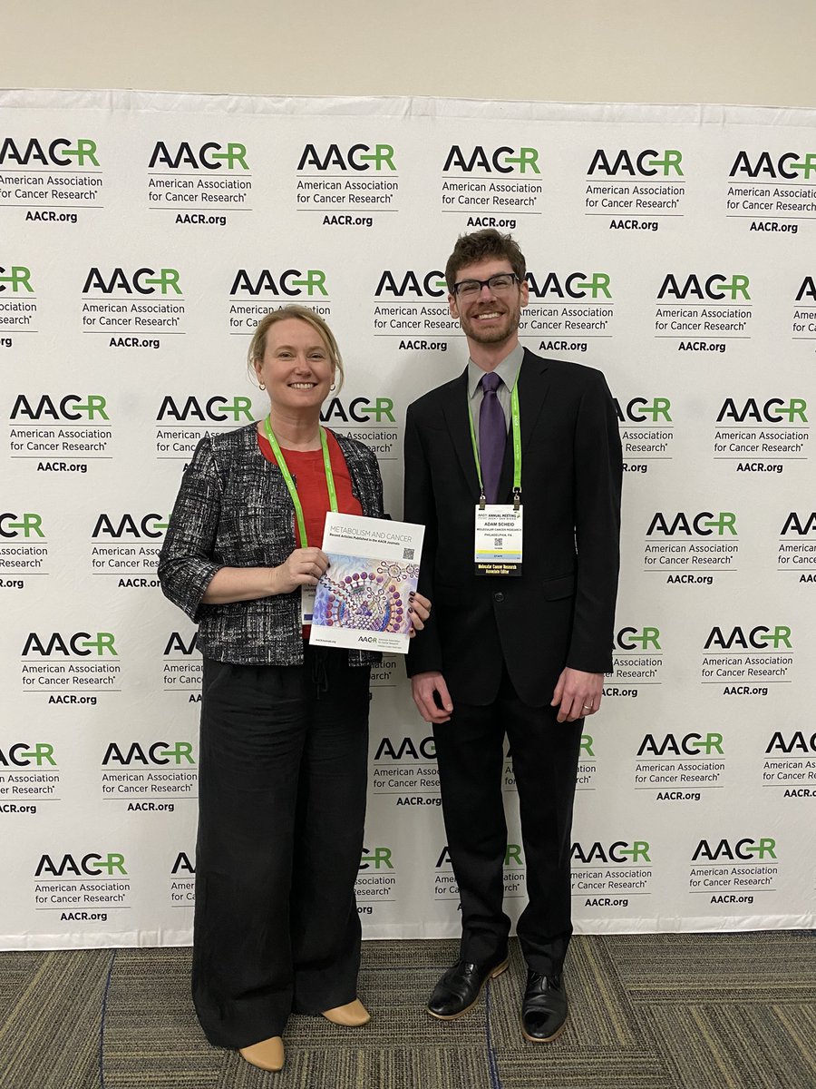Senior Editor Lisa Butler (@LisaButler5) and Associate Editor Adam Scheid (@adscheid33) at #AACR24, pictured holding a copy of the AACR Journals Collection, Metabolism and Cancer. Read here: bit.ly/3TLlDF2