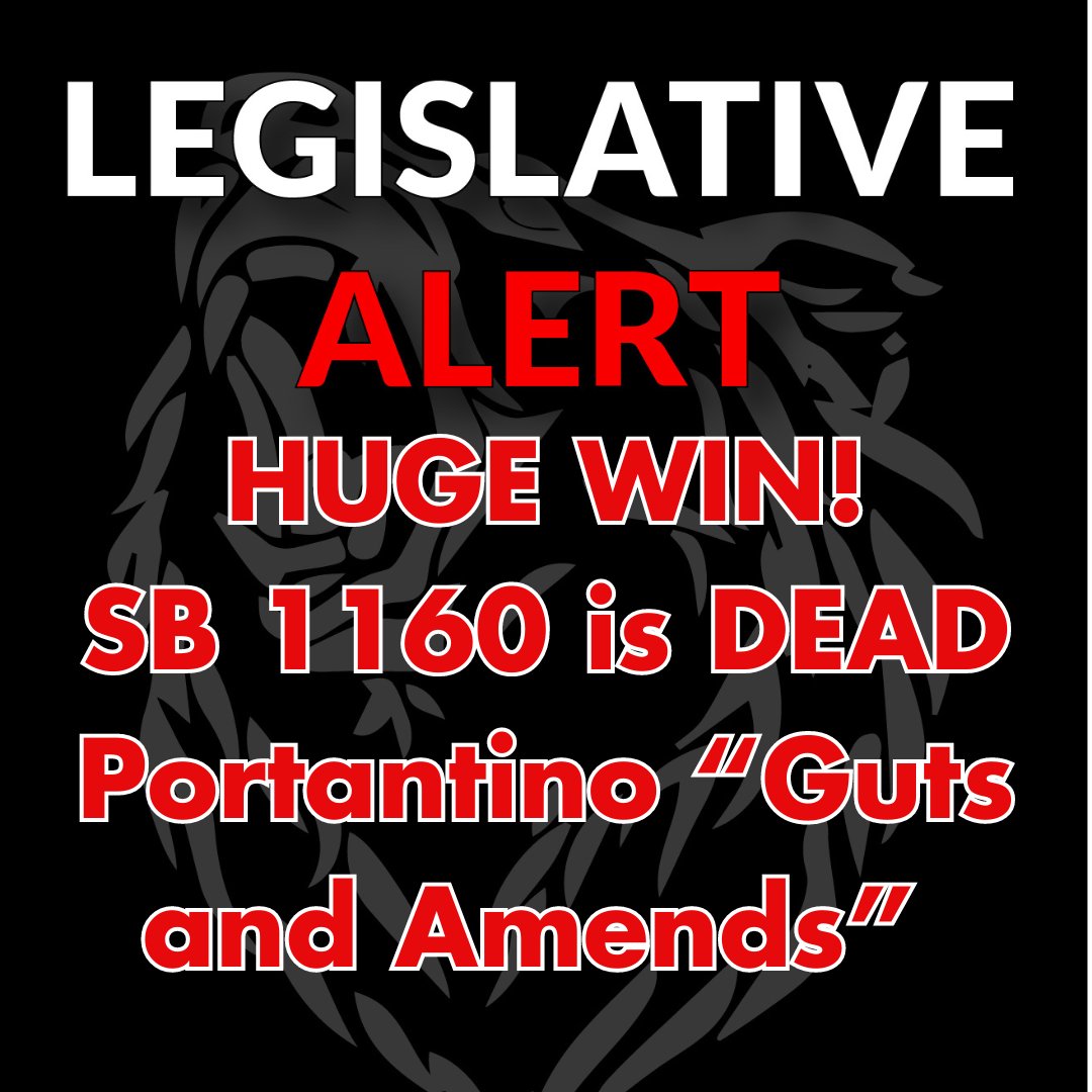 Victory – SB1160 is DEAD!!! – Thanks to the tireless work of CRPA’s Legislative Team and its statewide CRPA Chapter Legislative Team – Senator Portantino gut and amended the bill to deal with open carry penalties. The CRPA led a broad coalition and your assistance led to this…