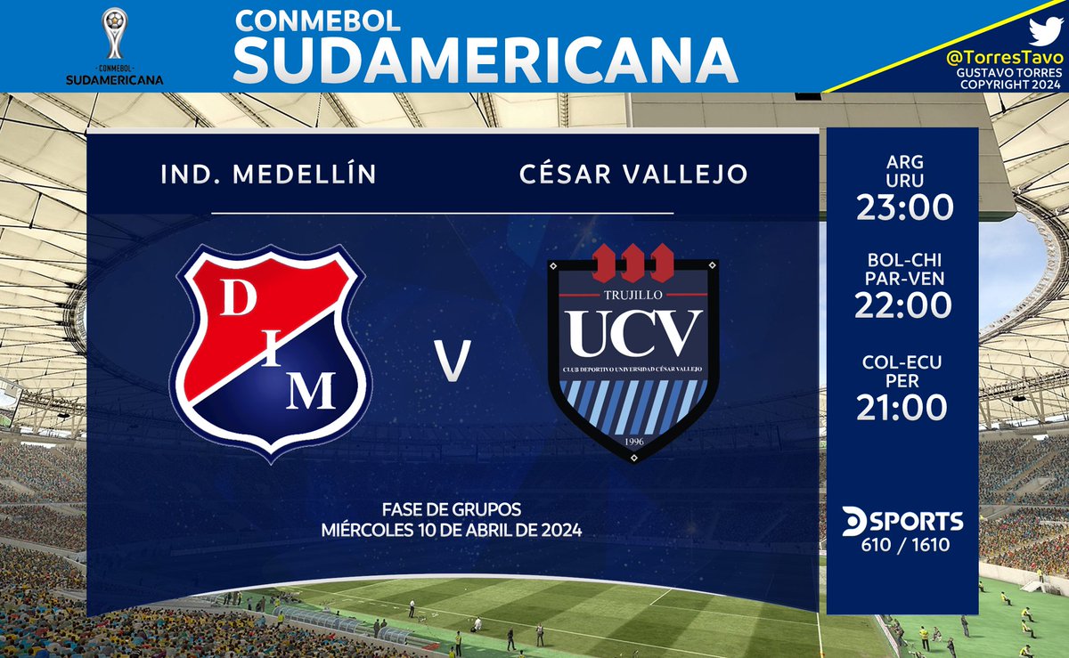 Independiente Medellín - César Vallejo TV: @DSports 610-1610 (Colombia) Narra: @titopuccettic Comenta: @SVargasOK Campo de juego: @carlosevillamil #SudamericanaEnDSports