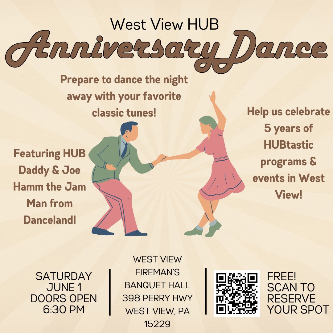 Get ready to celebrate the HUB's 5th anniversary! We'll bring the tunes from HUBDaddy & Joe Hamm the Jam Man. Bring your friends & your dancing shoes! Join us June 1 at the West View Firemen's Banquet Hall. Doors open 6:30. Free! Be sure to RSVP here: forms.gle/SmSrWNxeuHMwLZ…