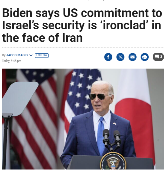 'Ironclad.' 'President Joe Biden says Washington’s commitment to Israel’s security is 'ironclad' in the face of threats from Iran.'