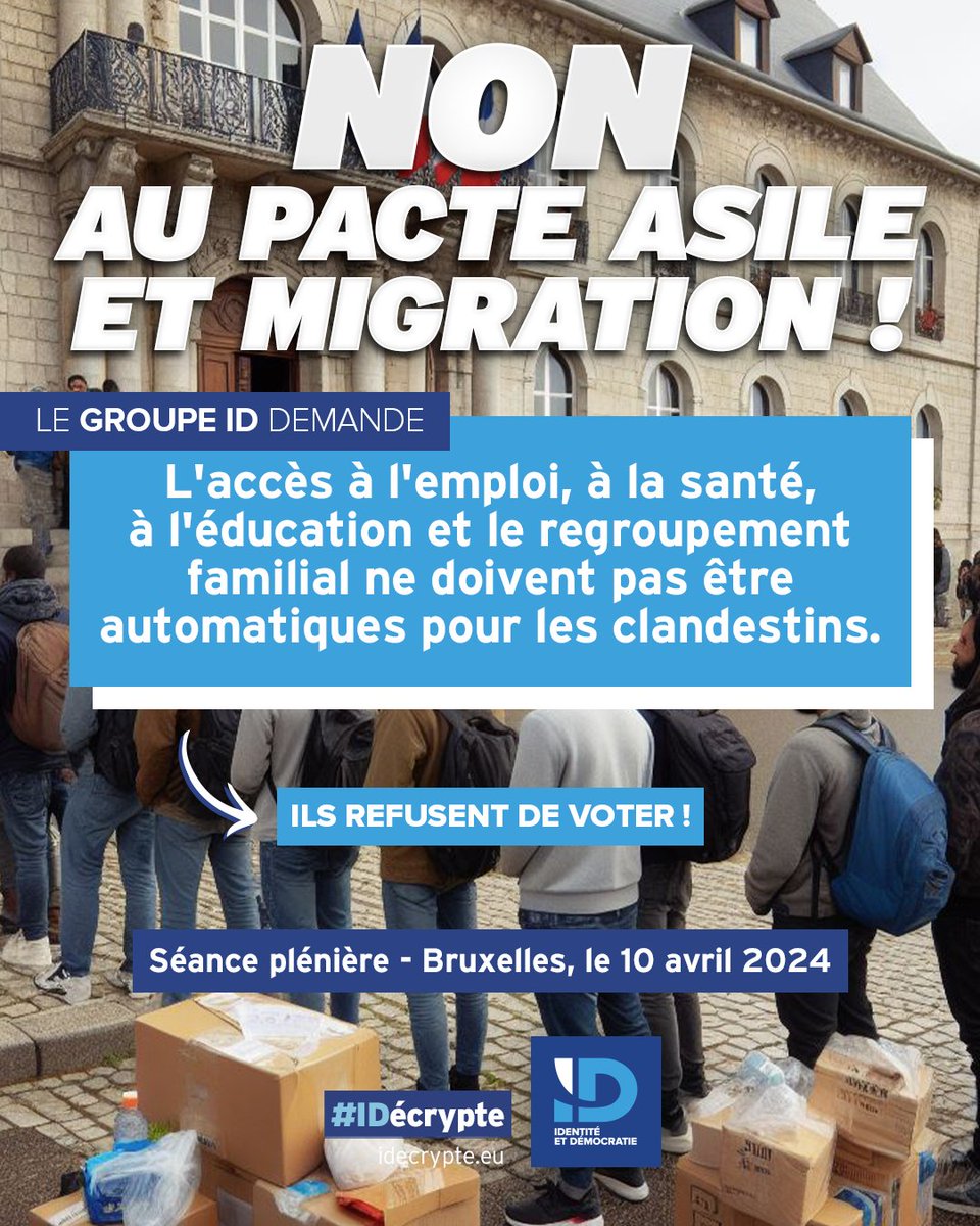 🔴 « L'accès à l'emploi, à la santé, à l'éducation et le regroupement familial ne doivent pas être automatiques pour les clandestins. » 🇫🇷 La Délégation française du Groupe ID le proposait, les technocrates l'ont refusé ! #EPlenary