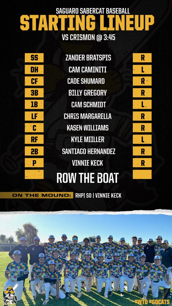 Saguaro Baseball (@saguarobaseball) on Twitter photo Cats keep their oars in the water today with a couple home games! Come
Out & support! Todayโs tentative starting lineup from <a href="/coachmuecke/">Joe Muecke</a> cats will be wearing ๐งฉ pieces for #AutismAwarenessMonth #AutismAcceptanceMonth
<a href="/SaguaroSUSD/">Saguaro High School</a> <a href="/Saguaro_HS/">Sabercat Nation</a>
#GoCats #RTB #WTD Cats keep their oars in the water today with a couple home games! Come
Out & support! Todayโs tentative starting lineup from <a href="/coachmuecke/">Joe Muecke</a> cats will be wearing ๐งฉ pieces for #AutismAwarenessMonth #AutismAcceptanceMonth
<a href="/SaguaroSUSD/">Saguaro High School</a> <a href="/Saguaro_HS/">Sabercat Nation</a>
#GoCats #RTB #WTD